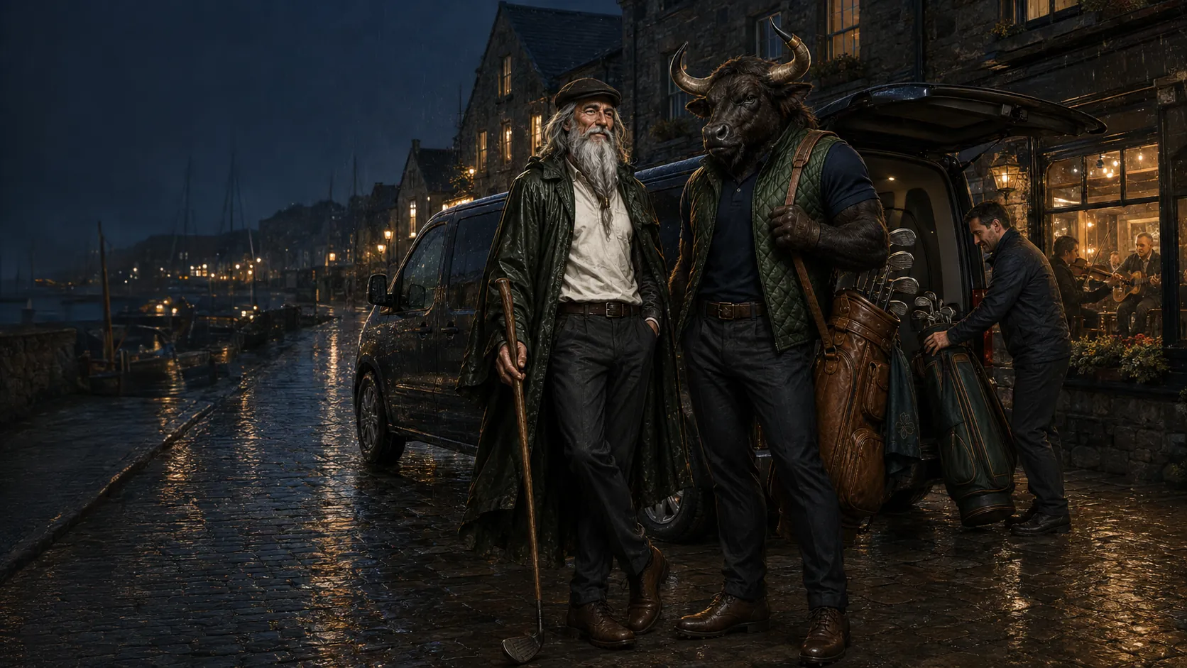 An original wizard and minotaur unload golf bags from a van on a rainy fictional harbor street at night.