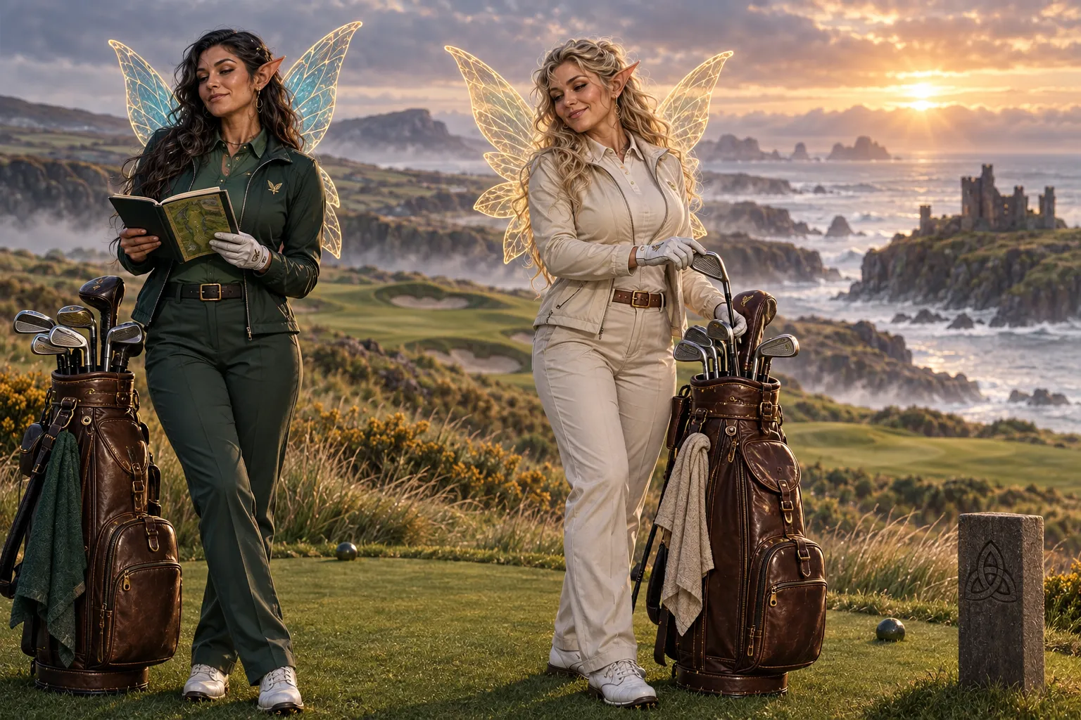 Two fairy caddies prepare their golf bags and yardage book on an imagined coastal first tee.