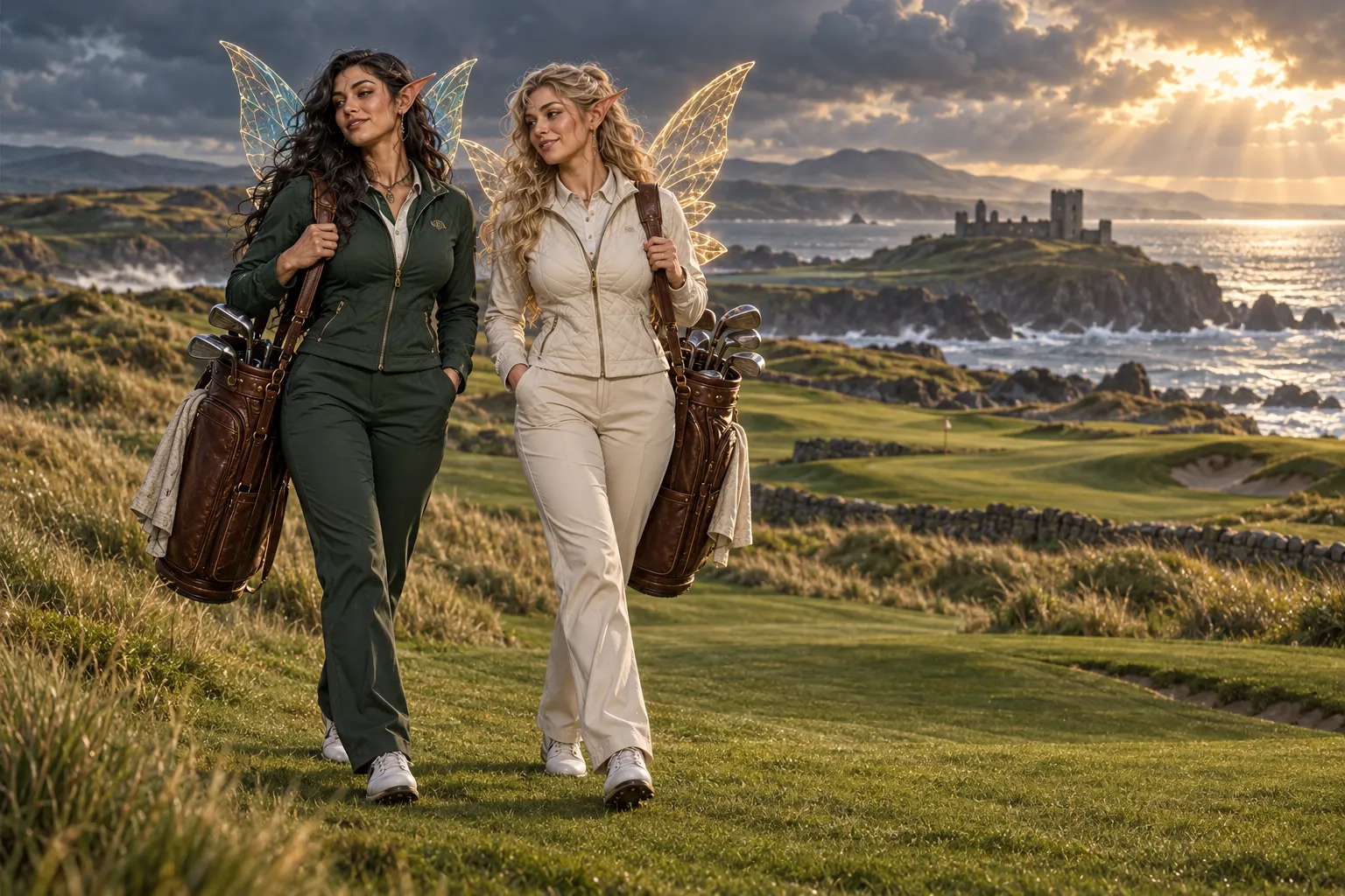 Two fairy caddies walk across an imagined coastal golf course with their golf bags.