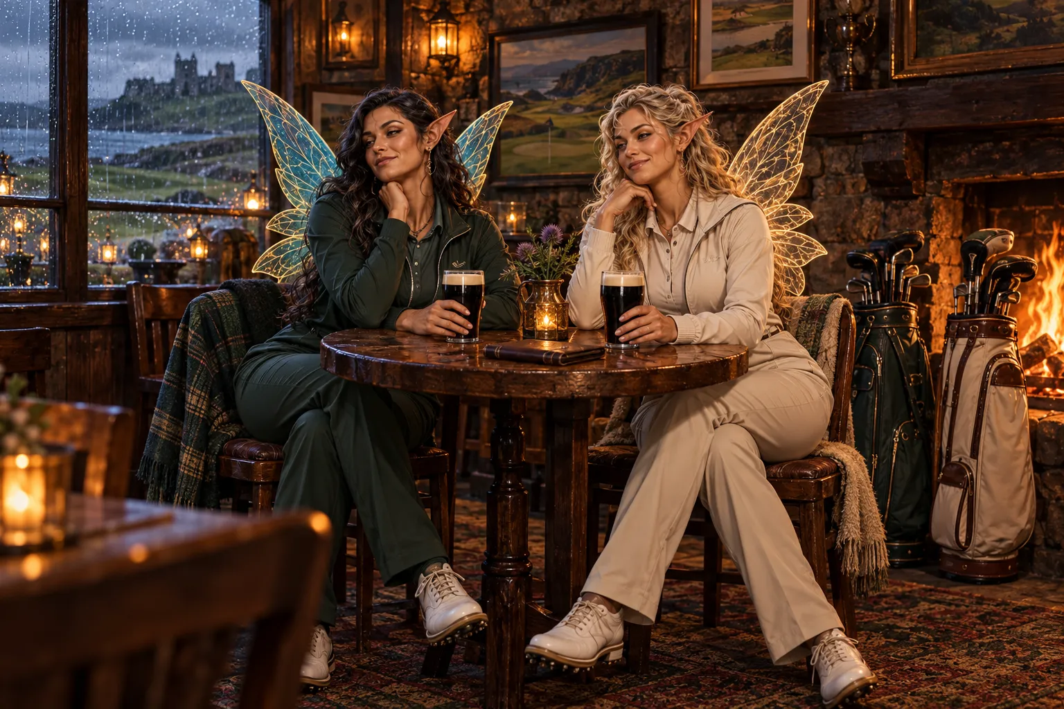 Two fairy caddies relax beside a fireplace in a warmly lit fantasy pub.